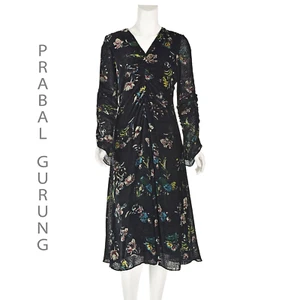 PRABAL GURUNG Black Devore Velvet Painted Floral Midi Dress SIZE 8 - Picture 1 of 9