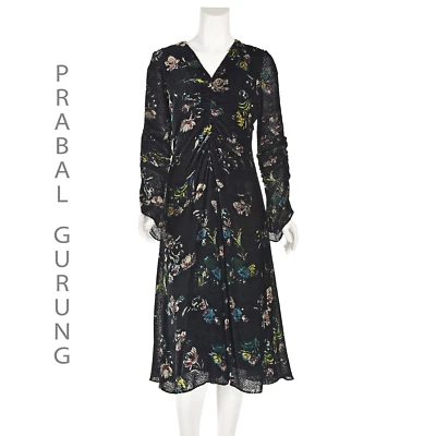 PRABAL GURUNG Black Devore Velvet Painted Floral Midi Dress SIZE 8 - Image 1 of 4