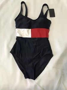 Tommy Hilfiger Womens Navy Red White Iconic Logo 1pc Swimsuit Size Small - Picture 1 of 11