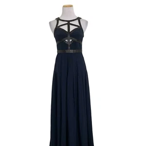 Rebecca Taylor Silk Chiffon Leather Caged Bodice Long Dress Womens 0 Navy Gown - Picture 1 of 22