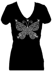 CAMISETA DE MANGA CORTA ALL RHINESTONE BUTTERFLY CLEAR BLING VNECK - Imagen 1 de 2