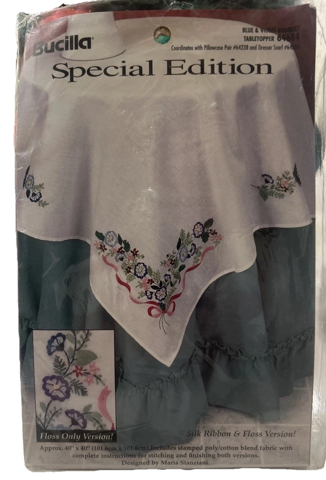 Vtg Bucilla Special Edition Stamped Cross Stitch Violet Bouquet Table Topper NEW - Image 1 of 4