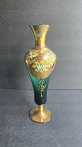 Vintage Bohemian Art Glass Vase 11" Gold Enamel Hand Painted Floral Czech Decor - Picture 1 of 8