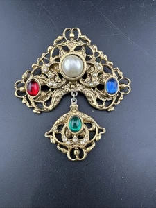 Rot grün blau Glas Gripoix Cabochon Faux Saatperlen goldfarben Anstecknadel Brosche - Bild 1 von 16
