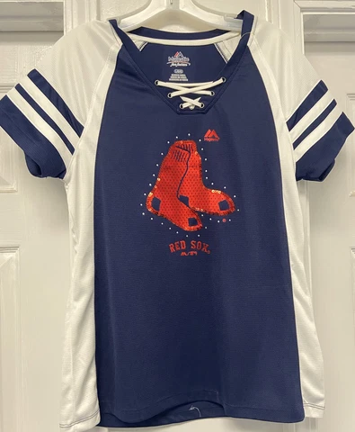 MAJESTIC Boston RED SOX SEXYJersey V-neck Bling Top Women’s Large VGUC Cover