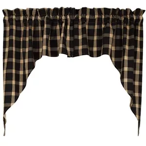 New Primitive Cabin Farmhouse TAN & BLACK CHECK PLAID CAFE SWAGS Curtains 36"L - Picture 1 of 2