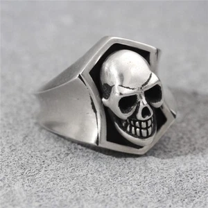 925 sterling silver Biker Heavy Rock classic Smile Skull signet couple's ring - Imagen 1 de 8