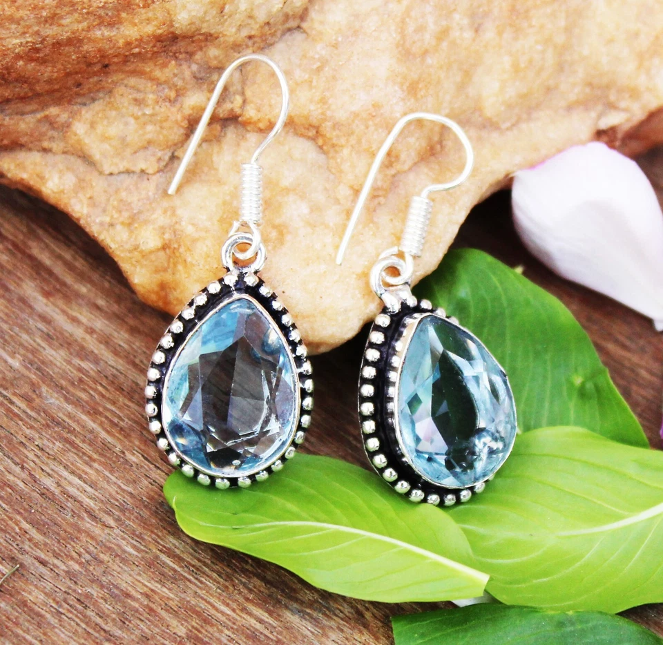 Aquamarine Gemstone Handmade 925 Sterling Silver Jewelry Earring Size 1.4" - Image 1 of 1