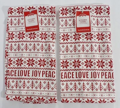 HOLIDAY TIME Set of 2 PEACE LOVE JOY Christmas Trees & Snowflakes 100% Cotton Kitchen Towels