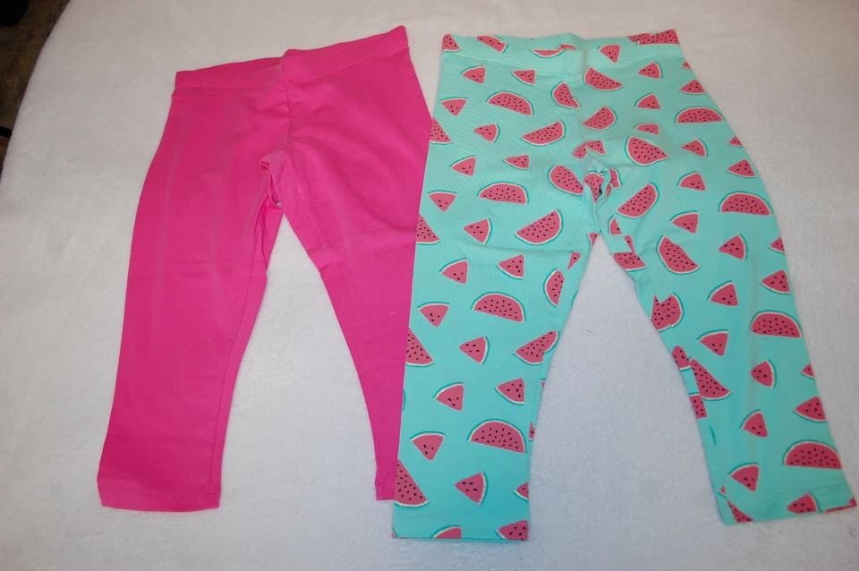 Girls 2 PAIR LOT Knit Capri Leggings MINT w/ WATERMELONS Solid Pink XXL / 18 - Image 1 of 1