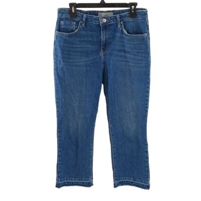 Topshop Moto Jeans Blue Denim Dree High Rise Raw Hem Cropped Womens Size 32 - Image 1 of 4