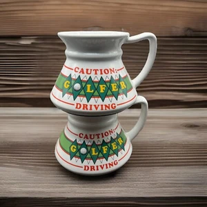 “Caution Golfer Driving” Wide Base Bottom Travel Coffee Tea MUG - SET OF 2 ~ VTG - Picture 1 of 8