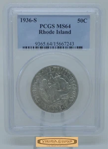 1936-S Rhode Island Commemorative Silver Half Dollar, PCGS MS 64 - #B47844 - Picture 1 of 2