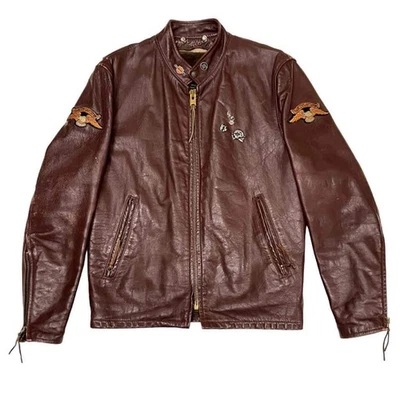 Chaqueta de cuero granate unisex de los años 80 con parches Harley Davidson pasadores de botones talla 40 Foto 1 de 4