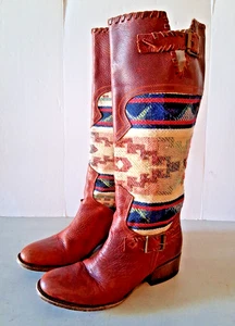 Freebird by Steven Qxote Cognac Leather Tribal Woven Blanket Boots Tall Size 8 M - Picture 1 of 18
