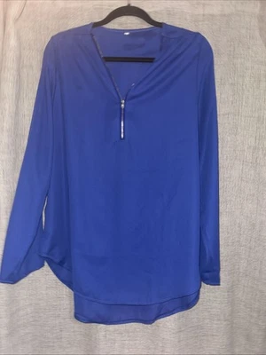 Casual Chiffon 1/2-Zip Tunic Top XXL, Rounded Hem, Roll-Tab Sleeves - Royal Blue - Image 1 of 3