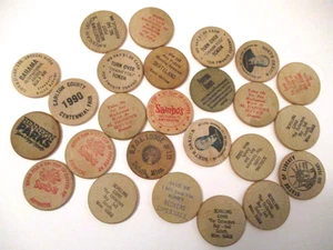25 VINTAGE WOODEN NICKELS TOKENS CHIPS ~ A LITTLE of EVERYTHING ~ - Picture 1 of 3