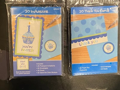 1 Pack Invitations & 1 Pack Thank You Cards  20 Baby Boy 1st Birthday *NEW* h2 - Image 1 of 4