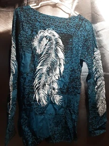 COWGIRL TUFF Deep Blue With Leopard Long Sleeve Shirt, XLarge - Picture 1 of 12