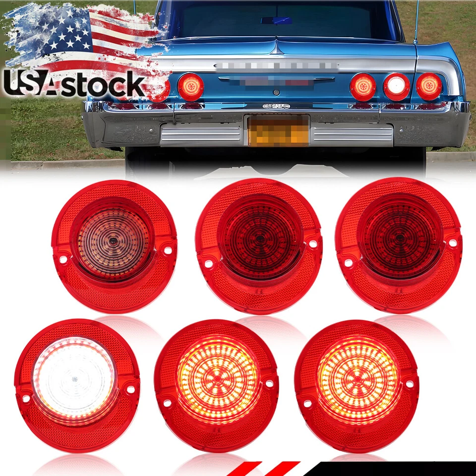 6X Red LED Rear Tail Light Lenses & White LED Backup Lamps For 1964 Chevy Impala - Image 1 of 4