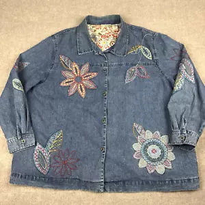 Floral Denim Gardners Jacket Womens 24W Embroidered Boho Chore Cottagecore Y2K - Picture 1 of 22