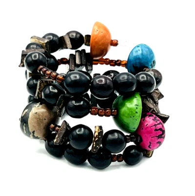 Artisan Nut Coconut Shell Beads Memory Wire Wrap BOHO Bracelet - Image 1 of 4