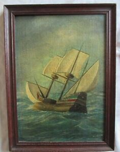 Old Painting - Galleon Ship - Signed J E Clayton Framed