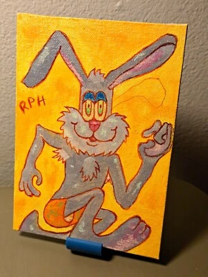 Серый желтый акрил и чернила «Восставший кролик» 5 x 7» мини ограниченного 1/1 подписанный  - Изображение 1 из 4
