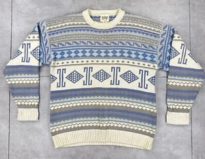 vtg river brand cotton linen knit aztec sweater mens large beige geometric 90s - Picture 1 of 16
