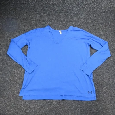 Under Armour Shirt Womens Large Blue HeatGear Long Sleeve V Neck Spell Out Gym - Image 1 of 4