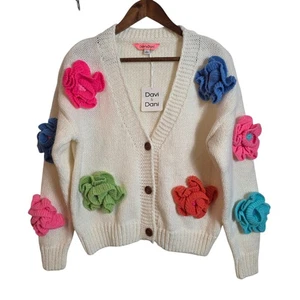 Davi & Dani Women's Cream Knit Cardigan Small Colorful Floral Applique Sweater - Picture 1 of 12
