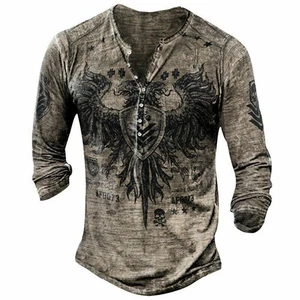 Hot Men Retro Print Neck Tops Long Sleeve Casual Button Slim Fit T-shirt Blouse - Picture 1 of 12