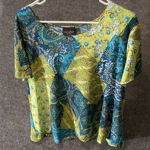 Brittany Black Blouse Womens 3X Geometric Print Gold Embellishments Career Work - Picture 1 of 13