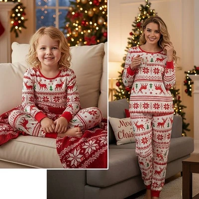 Unisex Long Sleeve Christmas Pyjamas Red Xmas Loungewear Couple Matching PJs Set