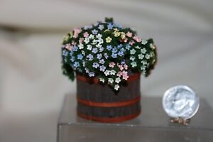 Miniature Dollhouse Vintage Pastel Impatien Flowers in Faux Wood Barrel 1:12 NR