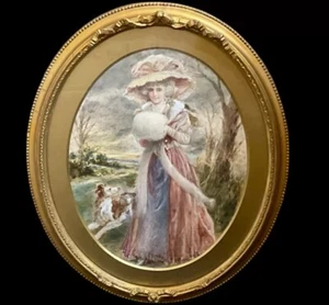 Antique Oval Gilt Framed Watercolour Painting Of Young Lady And Dog C1910 - Picture 1 of 7