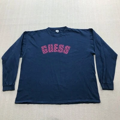 VINTAGE 90s Guess Shirt Mens Large Blue Logo Spellout Distressed Single Stitch * - Image 1 of 4
