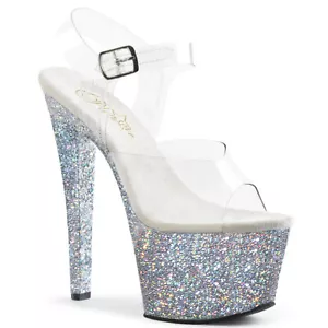 PLEASER SKY-308LG Women's 7" Heel Platform Ankle Strap W/ Glitter Bottom Shoes - Picture 1 of 6