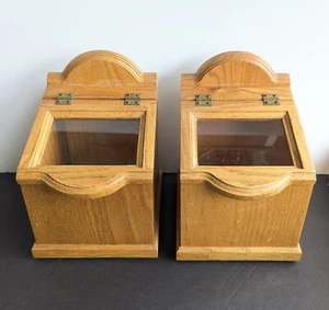 Set Of 2 WOOD Merchant Canister Box Counter Flour Pantry Cookie Glass Hinge Lid - Picture 1 of 20