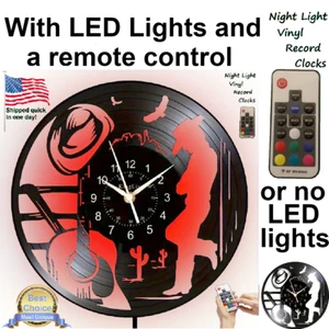 Cowboy Silohette vinyl record wall clock w/wo LED back light lamp hat shirt art - Picture 1 of 8