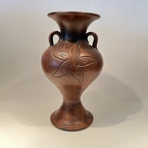 Vintage Terracotta Clay Pottery Vase MEXICO Painted Brown  Flower & Handles 10" - Picture 1 of 12