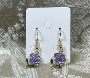 Vintage Purple Rose Crystal Gold Dangle Fashion Bohemian Casual Fun Earrings - Picture 1 of 2