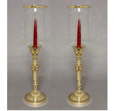 Candle Holder Brass Clear Glass Shade and Brass Ring 4.5"Dia 17.5"High Set/2 - Image 1 of 4