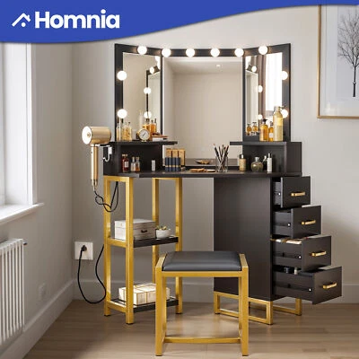 Mesa de Maquillaje Tocador Escritorio Espejo Iluminado LED con 4 Cajones Almacenamiento y Concentrador de Alimentación Foto 1 de 4