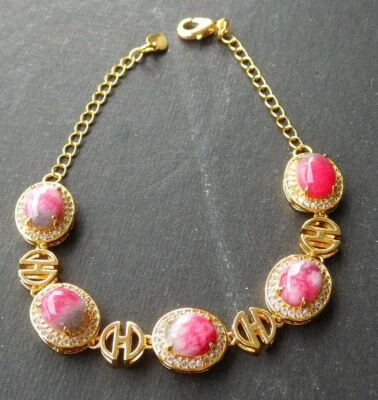 Brazalete Brazalete Longevidad Flor Circonita Cúbica Cabujón Jade Verde Rojo 18KGP Foto 1 de 4