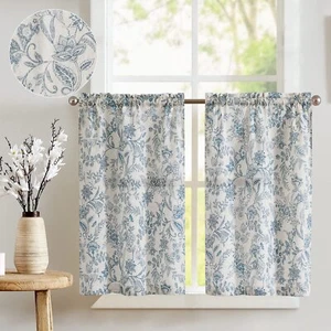 Floral Kitchen Curtains 24 Inch Linen Tier Curtains Farmhouse Cafe Curtains C... - Picture 1 of 8