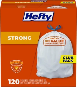 Hefty Strong White 13 Gallon Trash Bags with Drawstrings 120 Count - Picture 1 of 10