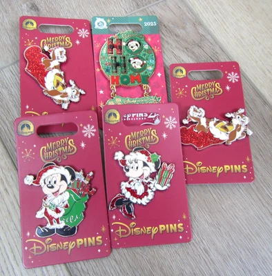 5 NEW DISNEY CHRISTMAS PIN SET 2025 MICKEY MINNIE CHIP DALE LIMITED DVC VACATION - Image 1 of 2