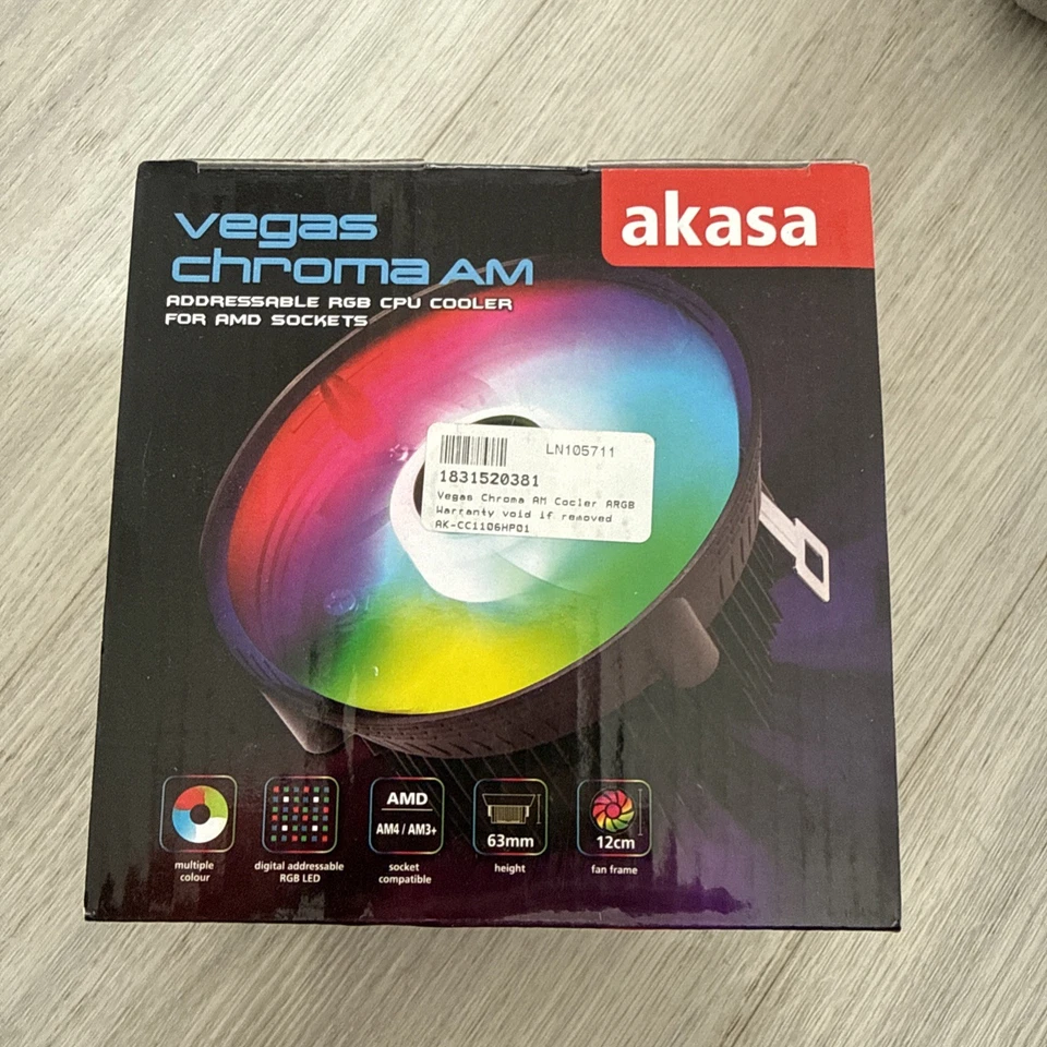 Akasa Vegas Chroma AM CPU Cooler, 120mm ARGB Fan, Aluminium, AM4/AM3+ 95W TDP - Image 1 of 1