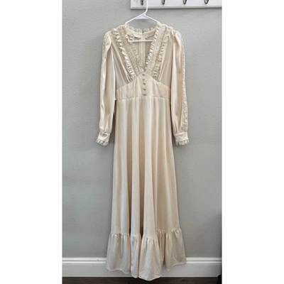Vintage 70s Ivory Lace V Neck Maxi Dress Long Sleeve Womens Size Small 11 - Image 1 of 4